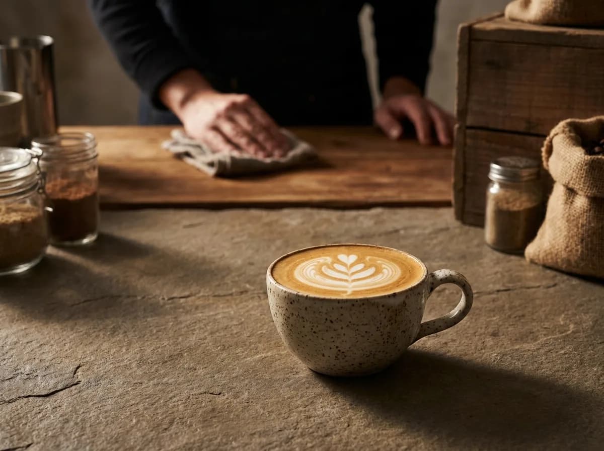 El yapımı seramik fincanda rosetta latte art ile hazırlanmış bir flat white; sıcak dokulu kafe tezgâhında yakın çekim.