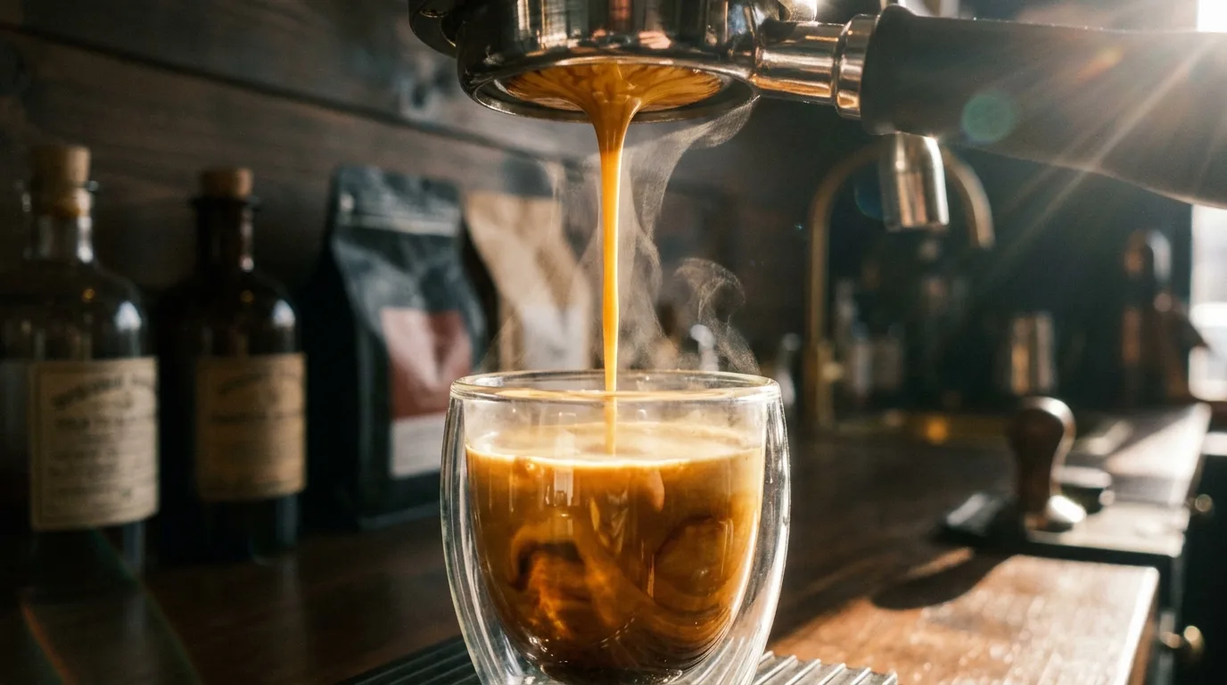 Dipsiz portafiltreden akan altın kremalı espresso; sıcak kafe ışığında makro çekim.